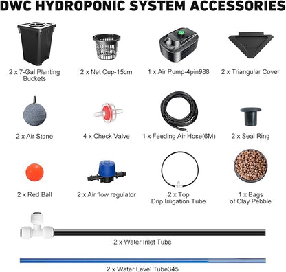 2 Buckets DWC Hydroponics Grow System with Top Drip Kit, 7 Gallon Deep Water Culture with Air Pump, Air Stone, Air Hose, Recirculating Drip Garden System