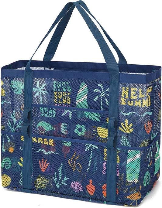 Mesh Beach Bag, Large Beach Tote with Zipper Pocket for Family Pool Bag for Toys & Vacation Essentials