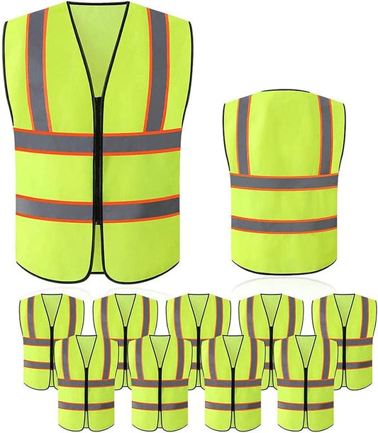 Tekware Safety Vest with High Reflective Strips, Pack of 10 Bright Neon Color Construction Protector with Zipper