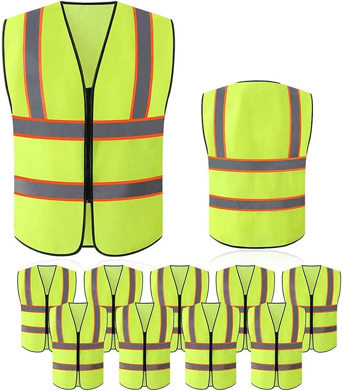 Tekware Safety Vest with High Reflective Strips, Pack of 10 Bright Neon Color Construction Protector with Zipper