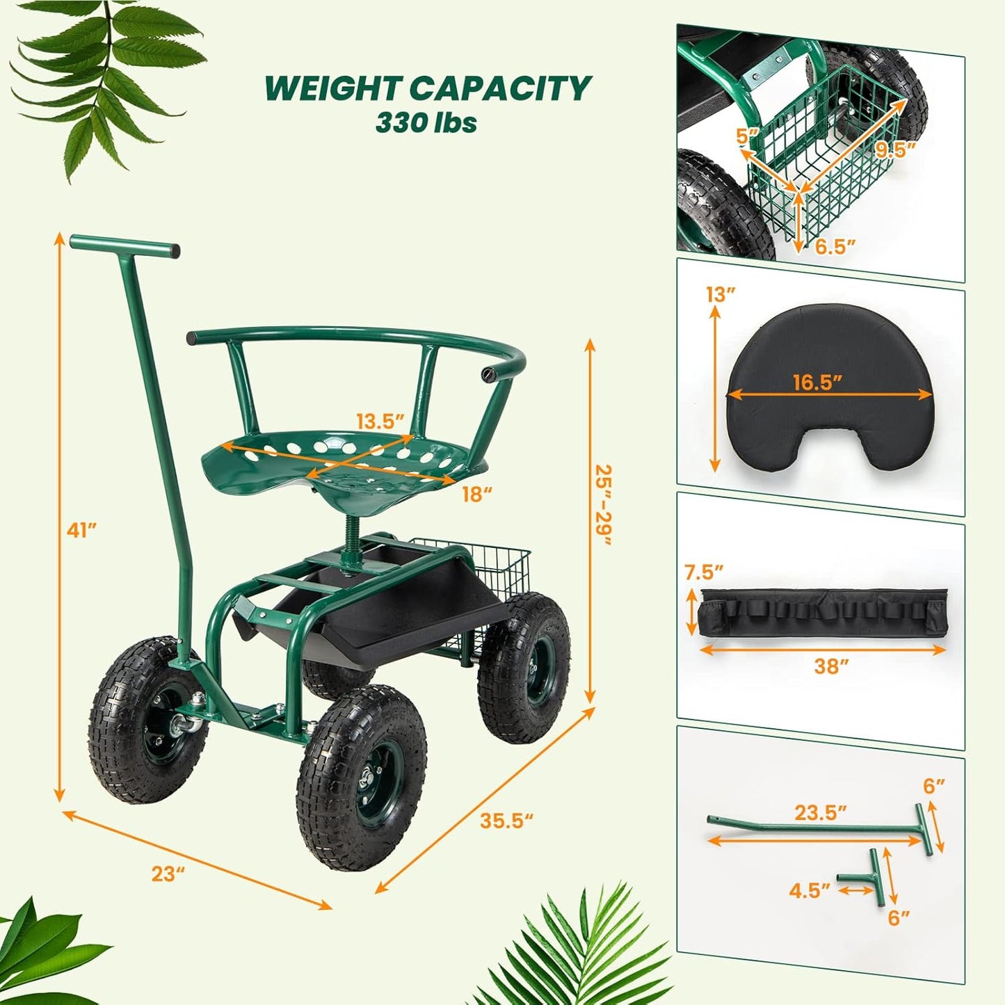Giantex Garden Cart, Rolling Workseat with 4 Wheels, Tool Tray, Removable Cushion, Storage Basket, 2 Handles, Adjustable Height & 360 Swivel Work Seat, Gardening Stool for Patio Lawn Garden Yard