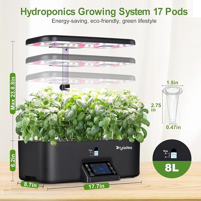 17-Pods Hydroponic Growing System with Dual Fans 24W Full-Spectrum Grow Light & Smart Control Panel for Indoor Gardening for Vegetables Herbs