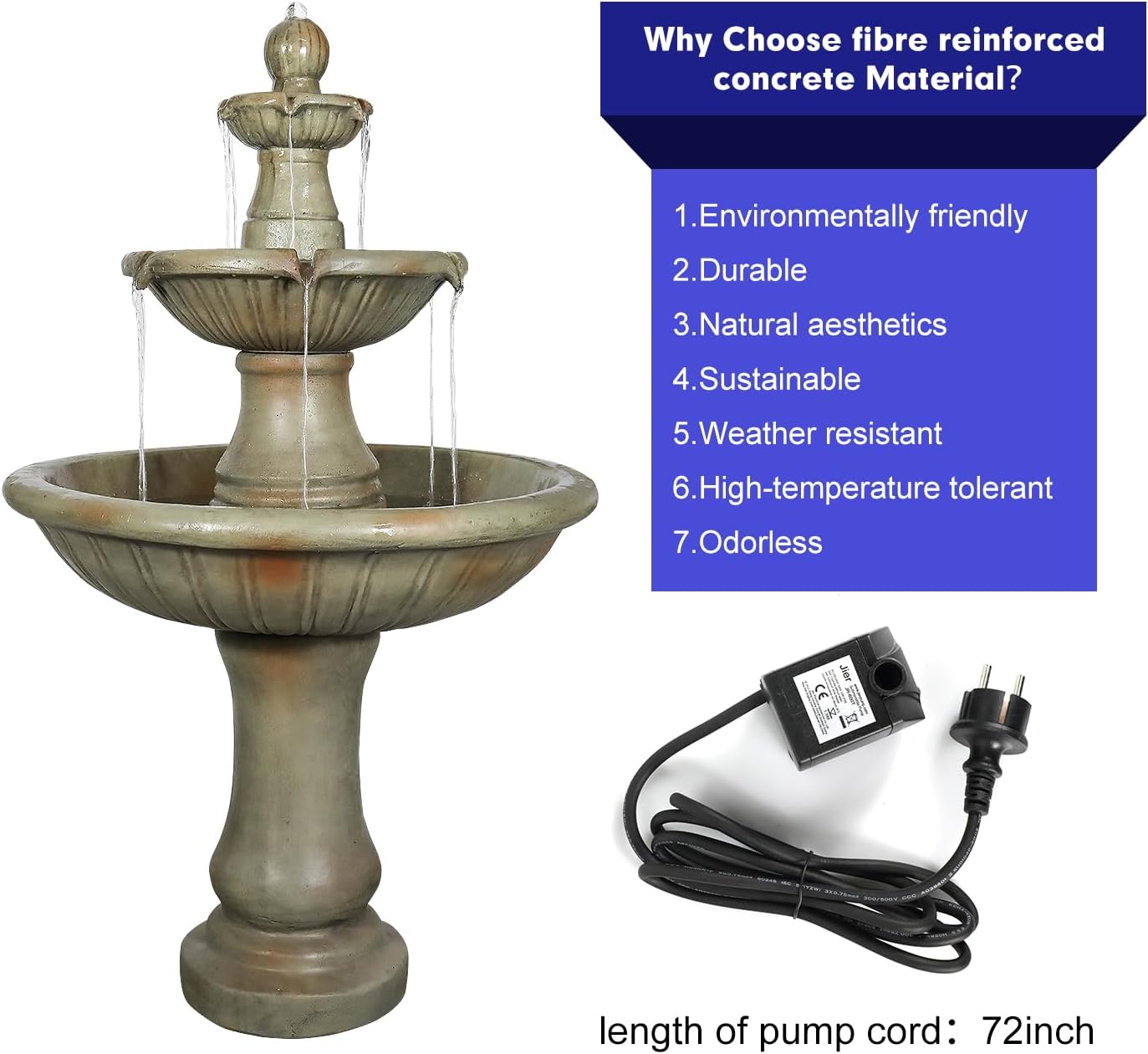 SunJet 51.5” High 3-Tiers Modern Concrete Outdoor Water Fountain - Round Large Outdoor Fountains and Waterfalls for Garden, Patio, Yard, and Deck Decor, Featuring Natural Stone Look