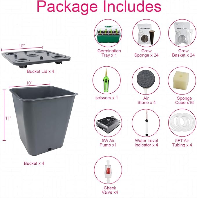 4 Hydroponic Buckets Kit for Plants, Hydroponics Growing System for Herbs/Tomato/Vegetables, DWC System with Air Pump & Germination Tray (Complete Indoor Hydroponic Gardening Supplies)