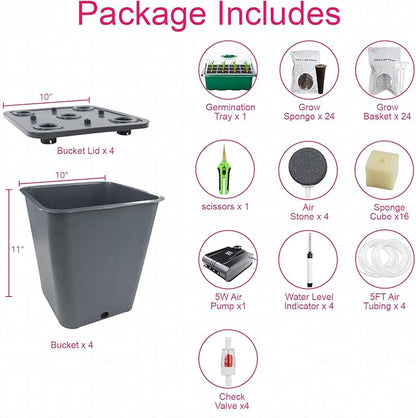 4 Hydroponic Buckets Kit for Plants, Hydroponics Growing System for Herbs/Tomato/Vegetables, DWC System with Air Pump & Germination Tray (Complete Indoor Hydroponic Gardening Supplies)