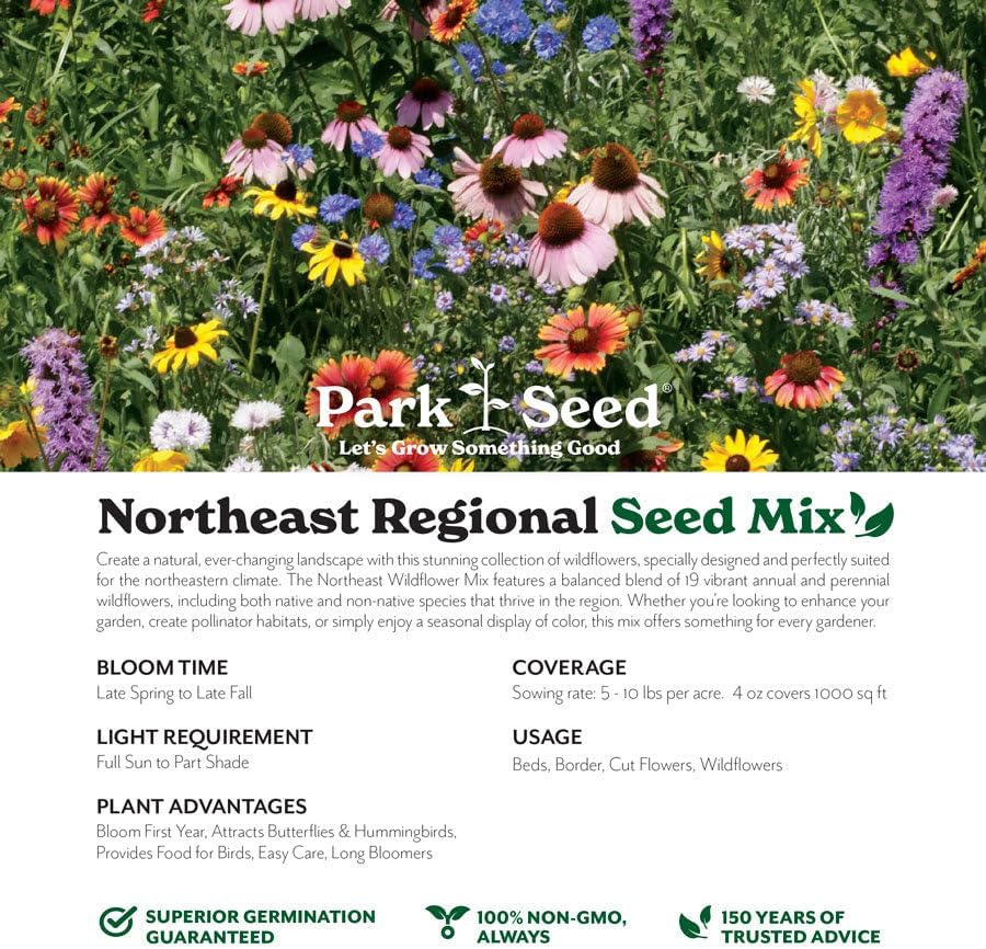 Park Seed Grow Your Own Vibrant Annual and Perennial Wildflower Garden Seeds Mixture, Easy to Grow Varieties for Pollinators and Spring Gardens - Northeast Regional Mix, 5 lbs