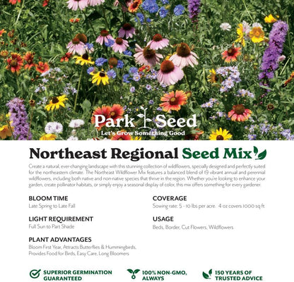 Park Seed Grow Your Own Vibrant Annual and Perennial Wildflower Garden Seeds Mixture, Easy to Grow Varieties for Pollinators and Spring Gardens - Northeast Regional Mix, 10 lbs