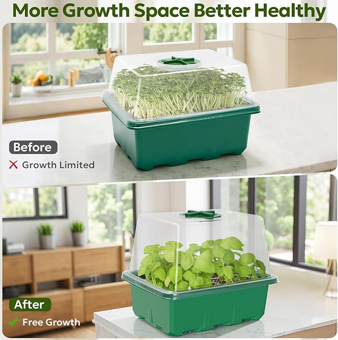 MIXC Seed Starter Kit with Grow Light, Elevated Seedling Tray Kit with Adjustable Humidity Dome and Clear Cell Tray, 12 Full Spectrum Led Beads for Seed Starting Greenhouse, 6 Pack, Green