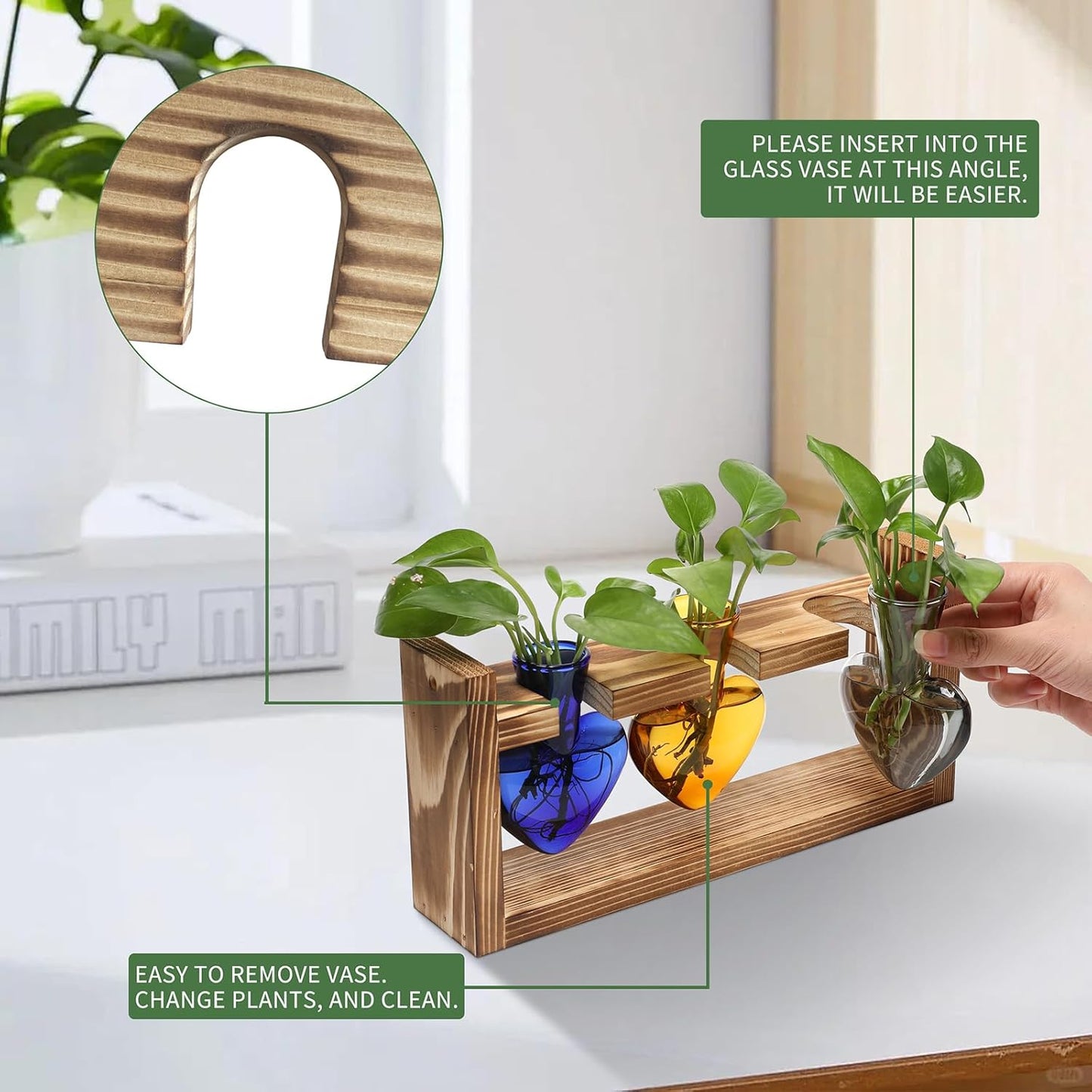 Plant Terrarium Propagation Stations Hydroponics Home Garden Decoration Gift for Women with Wooden Stand Heart Shaped Colored Glass Vase