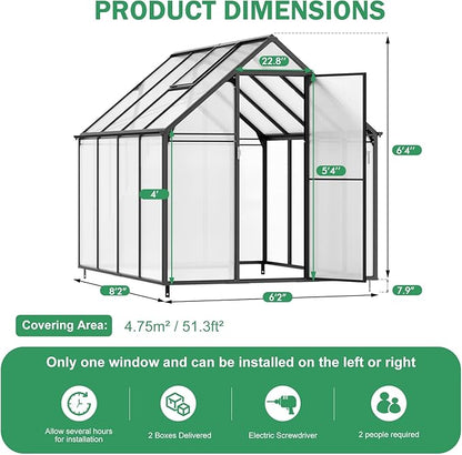 CDCASA 8.2x6.2 FT Greenhouse for Outdoors, Easy Assembly Aluminum Heavy Duty Polycarbonate Greenhouses w/Vent Window, Swing Door, Walk-in Green House for Sunroom Patio, Backyard, Garden,Black