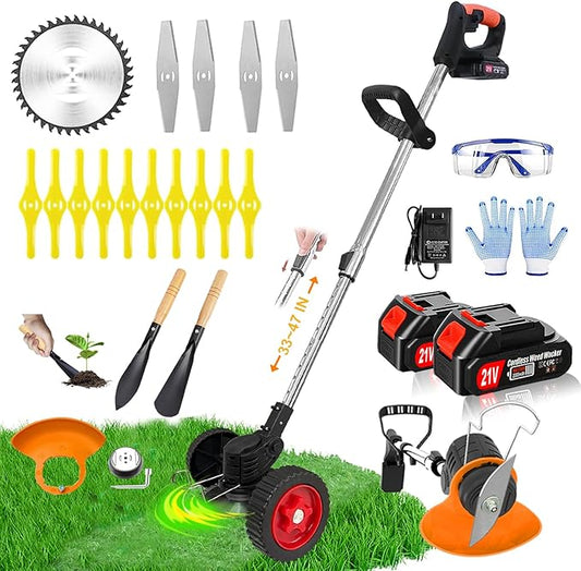 Electric Weed Wacker Eater Cordless, Weed Wacker Battery Powered, Weed Trimmer with 2 21V/2Ah Battery Operated & 15 Blades & Wheels, No-String Grass Trimmer/Brush Cutter/Edger for Garden Yard
