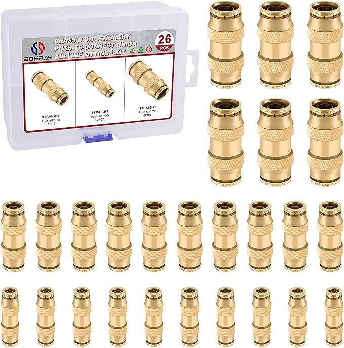 26pcs Quick Connect Brass DOT Air Line Fittings Straight Union 1/4” 3/8” 5/8” Tube Push to Connect Fittings Air Suspension Fittings Straight Air Brake Union Push Lock Pneumatic Air Hose Fitting