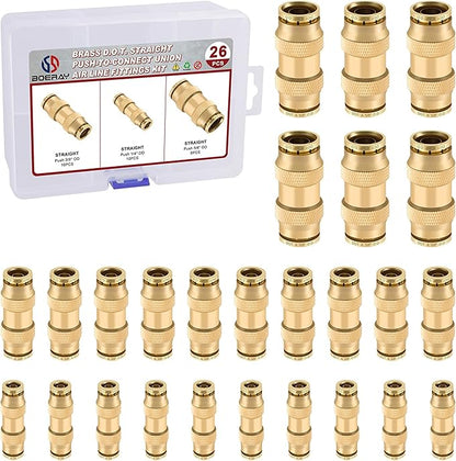 26pcs Quick Connect Brass DOT Air Line Fittings Straight Union 1/4” 3/8” 5/8” Tube Push to Connect Fittings Air Suspension Fittings Straight Air Brake Union Push Lock Pneumatic Air Hose Fitting
