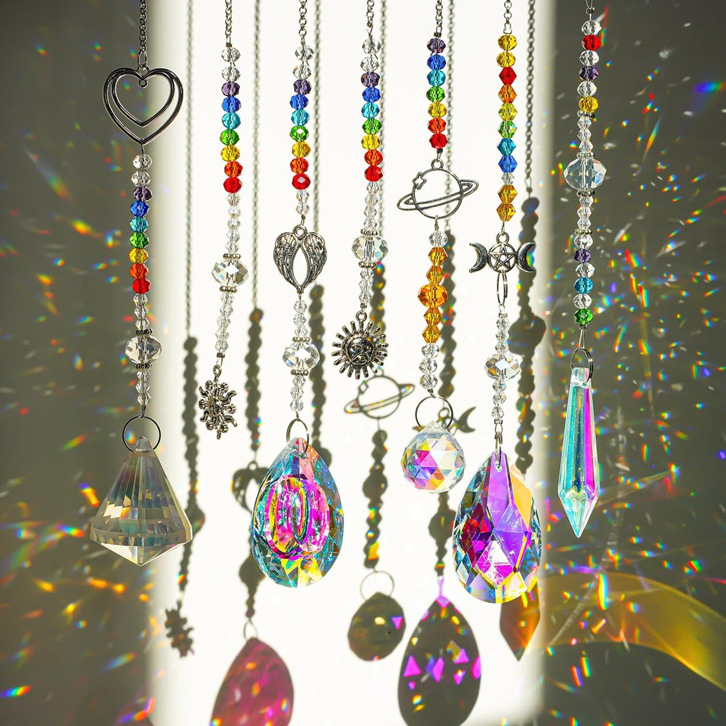 Suncatcher Crystal Prisms Hang Pendants Garden Window Sun Catcher Rainbow Chandelier Beads Chain Ornament, Pack of 7