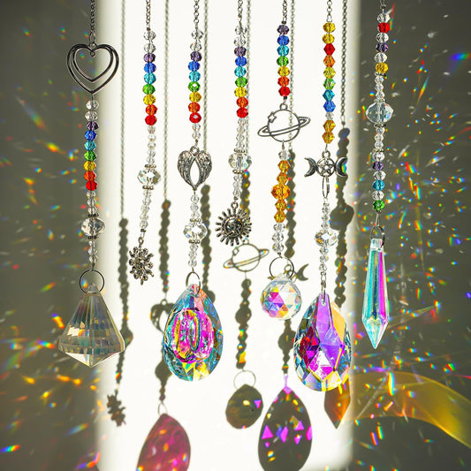 Suncatcher Crystal Prisms Hang Pendants Garden Window Sun Catcher Rainbow Chandelier Beads Chain Ornament, Pack of 7