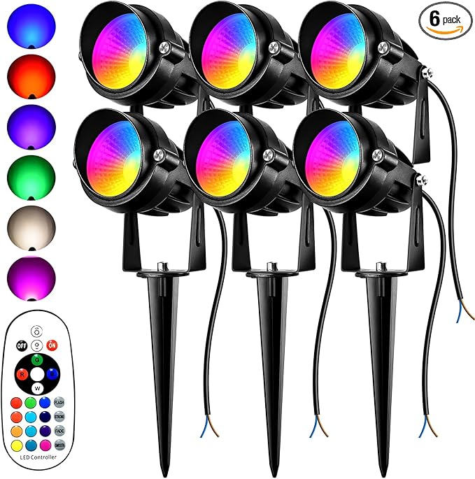 Halloween Christmas Spotlight Outdoor RGBW Low Voltage Landscape Lights, 12V-24V Color Changing Landscape Lights with Remote Control Landscape Spotlights for Garden Yard Path Tree Decorative (6 Pack)