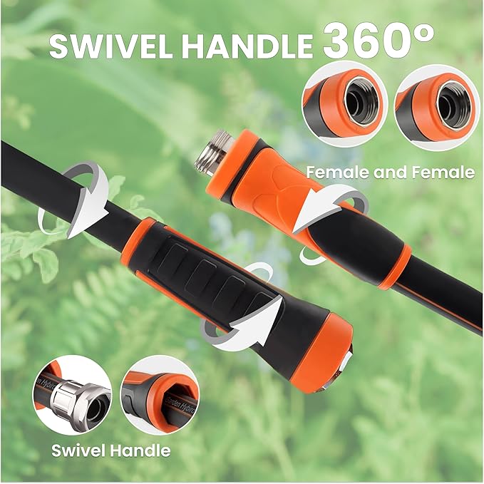 Giraffe Tools Garden Hose 25ft x 5/8", Water Hose Heavy Duty, Flexible with Water Timer Nozzle and Yard Sprinkler, Lightweight Hybrid Hose with Swivel Handle, Male to Female Fittings, Burst 600 PSI