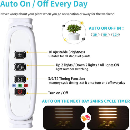 LED Grow Light Strips for Indoor Plants Full Spectrum 3500K, 192 LEDs Plant Light Bar with 3/9/12H Timer, 10 Dimmable Levels for Seedling Succulent, 13 Inches, 4 Head