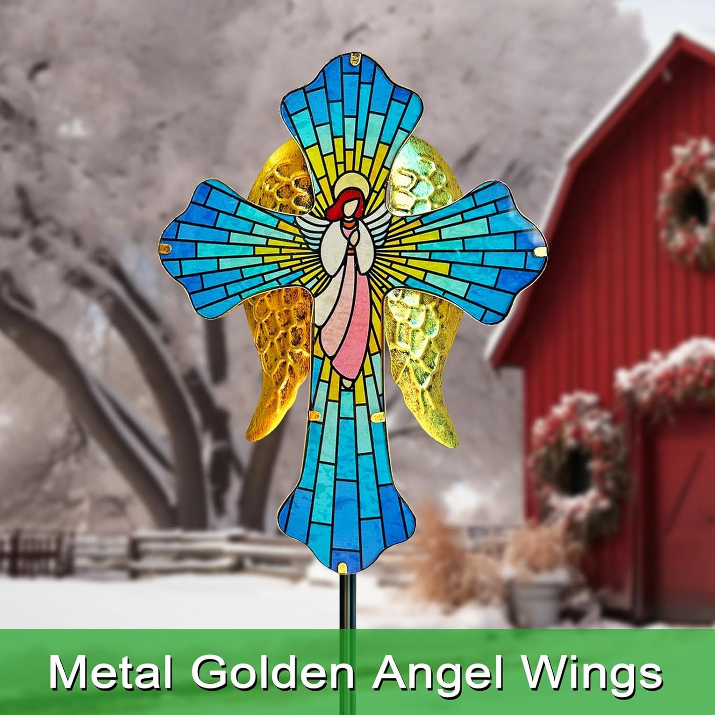Solar Cross Garden Stake Lights for Outdoor Garden,Cemetery,and Yard Decor,Angel Wings Cross Solar Christmas Lights Outdoor,Memorial Gifts Angel