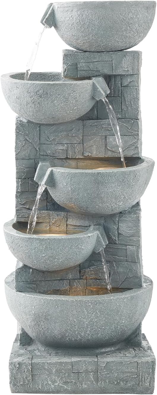 VEVOR Outdoor Water Fountain, 31.5 in Height Fountain and Waterfall, 5-Tier Floor Standing Bowl-Shaped Cascading Fountains with LED Light and Pump, for Outdoor Indoor Garden, Home, Patio & Backyard