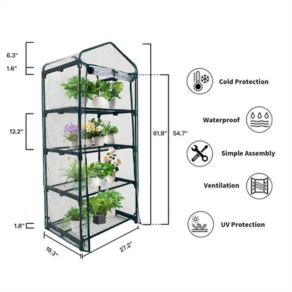 GreenGiggle 4 Tier Mini Indoor Outdoor Greenhouse,27"x19"x62" Greenhouses with PVC Cover and Roll-Up Zipper Door,Plastic Green House for Inside Grow Tent&Garden greenhouses for Outdoors