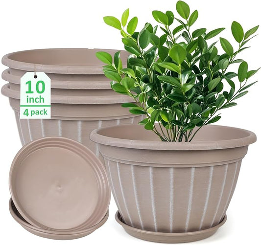 FGstyle 10 Inch Plants Pot,4 Pack Flower Pots,Planters Pot with Drainage Hole & Saucer,Modern Planters for Indoor Outdoor Plants,Decorative Resin Garden Pots for Outdoor Indoor Home Plants (Beige)