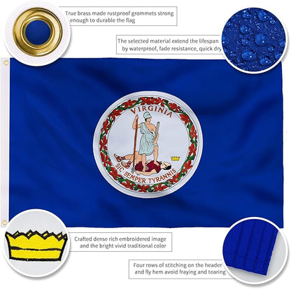 XIFAN Premium Virginia State Flag 3x5 ft Outdoor, Double Sided Embroidered Pattern, Heavy Duty 210D Nylon VA Flags, the Strongest Longest Lasting for Outside with Sewn Stripes/Brass Grommets