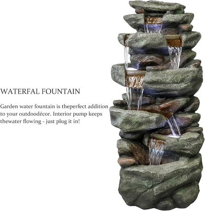 SunJet 40.5” High Rocks Outdoor Water Fountain - 6-Tiers Cascading Waterfall with LED Lights, Soothing Tranquility for Home Garden, Yard Decor