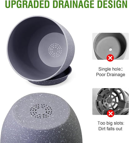 10/9/8 inch Plant Pots, Set of 3 Modern Decorative Plastic Planters with Drainage Holes and Saucers for Garden House Plants, Flower Pots for Indoor Outdoor Plants, Speckled Grey