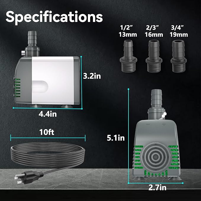 Pond Pumps 880GPH Submersible Water Pump with 10ft long cord for Fountains, Hydroponics, Ponds, Aquariums & More
