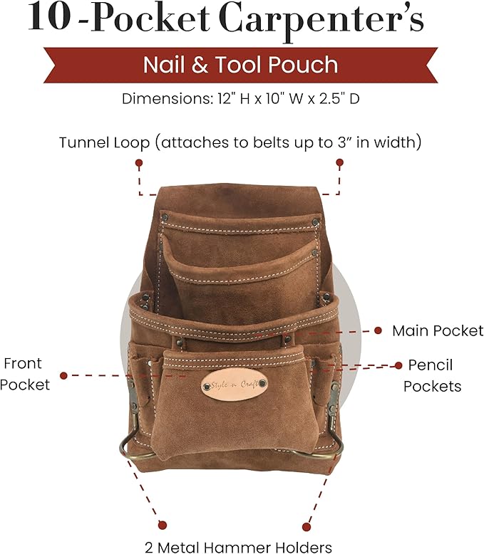 Style n Craft 10-Pocket Carpenter’s Nail and Tool Pouch, Heavy-Duty Suede Leather Pouch, Dark Tan (88923)