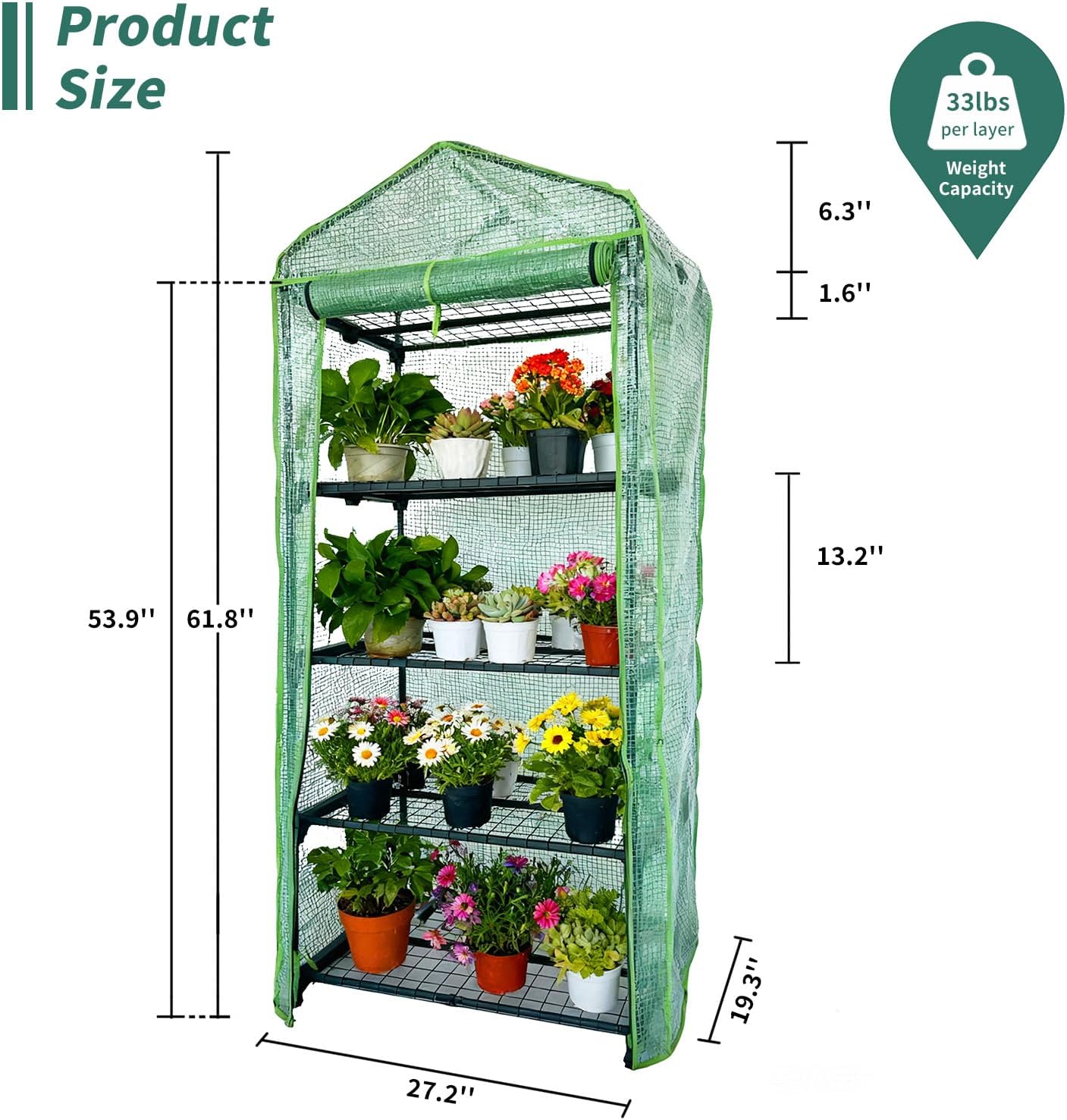 4 Tier Mini Indoor Greenhouse,27"x19"x62" Greenhouses with PE Cover and Roll-Up Zipper Door,Plastic Green House for Inside Grow Tent&Garden greenhouses for Outdoors