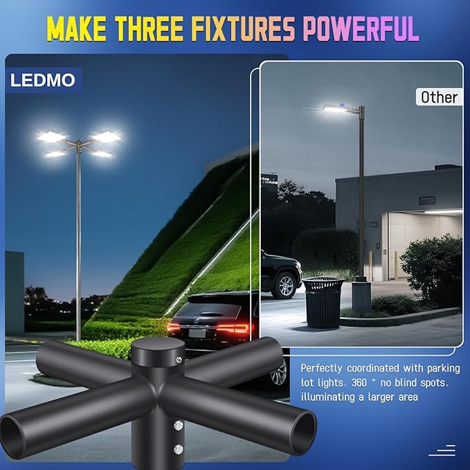 ledmo Mounting Bracket Tenon Adaptor for 4 Lights, Heavy Duty Dark Bronze Round Pole, 2-3/8" Slip Fitter Parking Lot Light Mount Quad 90° Spoke Extension Arm for LED Shoebox Street Area Light