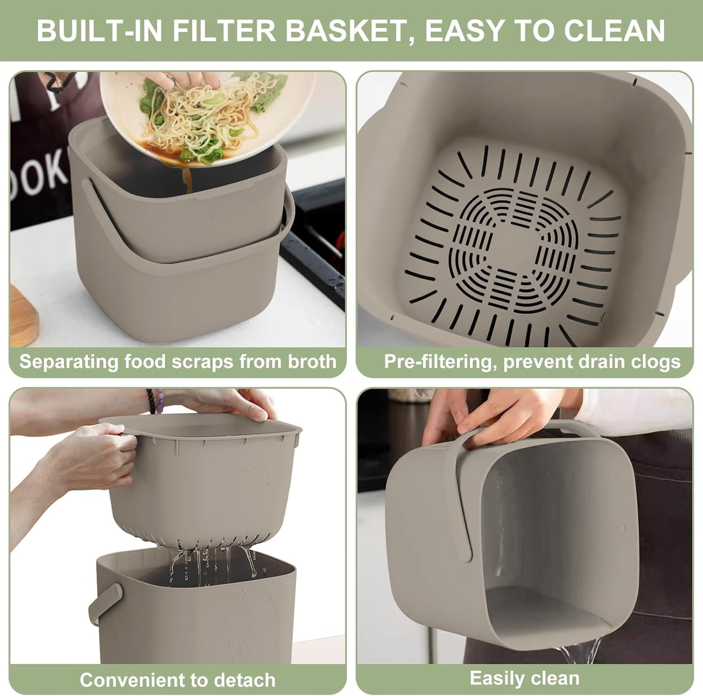 Stylish Kitchen Compost Bin- 1.85 Gal/ 7L Countertop Compost Bin with Lid, Inner Sieve for Separating Liquid from Food, Easy to Clean (Khaki, 1.85GAL)