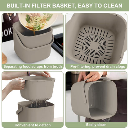 Stylish Kitchen Compost Bin- 1.85 Gal/ 7L Countertop Compost Bin with Lid, Inner Sieve for Separating Liquid from Food, Easy to Clean (Khaki, 1.85GAL)