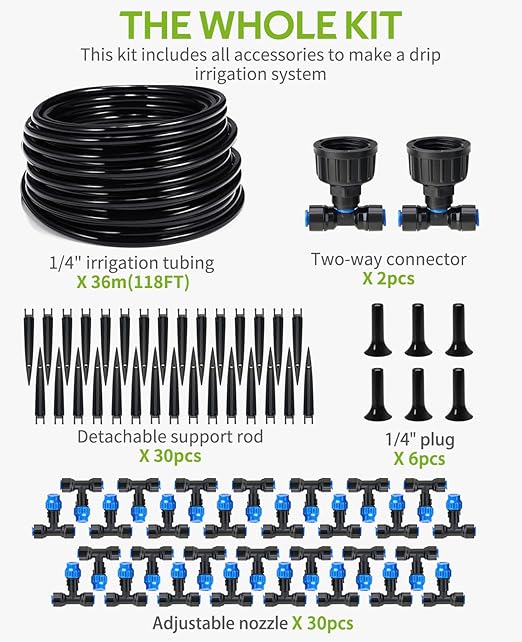 HIRALIY 118FT Greenhouse Misting Drip Irrigation Kit, Hanging Plant Watering, Garden Watering System with 1/4" Blank Tubing and Misting Nozzles, Quick Connector Design Automatic Irrigation System