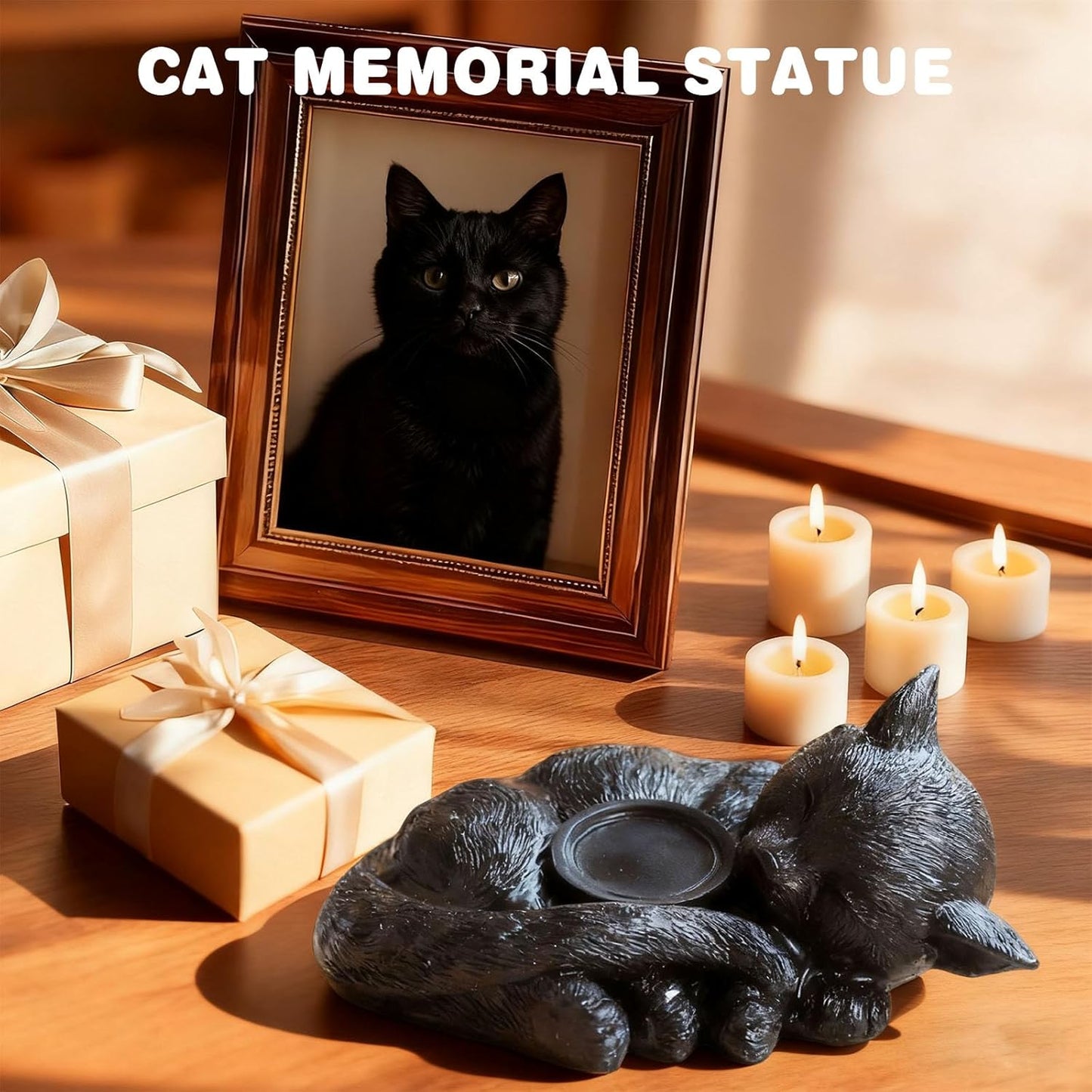 Sleeping Cat Candle Holder Statue Realistic Resin Cat Figurine with Candle Tray Outdoor Garden Decor for Patio Yard or Indoor Use for Cat Lovers Women and Memorials Black