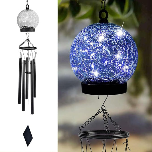 Garden Wind Chimes Outdoor, Solar Hanging Glass Ball Wind Chimes with 15 Blue LEDs 42 Inch Large with Unique Memorial Sympathy Wind Chime Outside Garden Decor as a Gift for Patio, Porch, Balcony