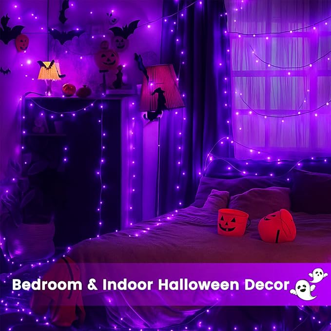 Upgraded Connectable 200 LED Halloween String Lights Outdoor Indoor, 66FT Purple Halloween Decorations Lights 13 Modes, Waterproof Twinkle Fairy Lights Plug in Clear Wire for Tree, Bedroom Decoration