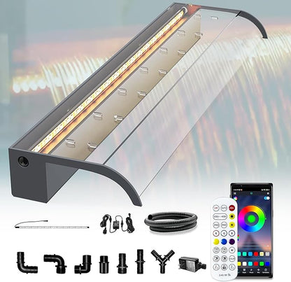 Pool Fountain, LONGRUN Waterfall Spillway for Koi Ponds - 35.4" Transparent Acrylic Waterfall for Swimming Pool, Garden Pond, Patios, Spa Decoration