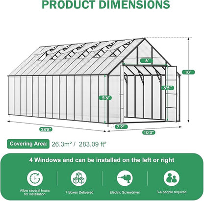 CDCASA 10x28 FT Greenhouse for Outdoors,Large Easy Assembly Thicker Aluminum Polycarbonate Greenhouses w/6 Windows, Double Door, Walk-in Green House for Outside,Patio,Backyard,Garden