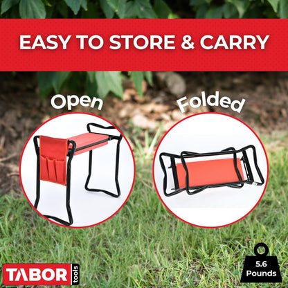 TABOR TOOLS TR2A Garden Kneeler and Seat Bench with Tool Bag Pouch and Foam Pad Cushion, Workseat with Kneeling Bench Option, Light Weight Foldable Stool, Portable Outdoor Kneeler for Gardening.