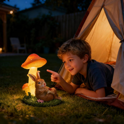 Solar Rabbit Garden Statues Outdoor Decor, Solar Garden Decor with Mushroom Lights, Resin Yard Decorations Outdoor for Patio, Porch, Balcony, Lawn Ornaments, Housewarming Birthday Gifts for Mom Women