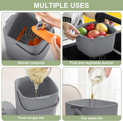 Stylish Kitchen Compost Bin- 1.85 Gal/ 7L Countertop Compost Bin with Lid, Inner Sieve for Separating Liquid from Food, Easy to Clean (Grey, 1.85GAL)