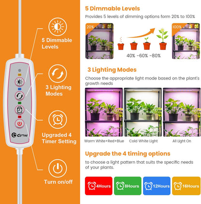 LED Grow Light Strip, 20W Full Spectrum Plant Lights With Red Blue White LEDs, 210 LEDs Grow Light Strips for Indoor Plants with 4/8/12/16H Auto Timer,3 Switch Modes, 5 Dimming Levels,2 Pack.