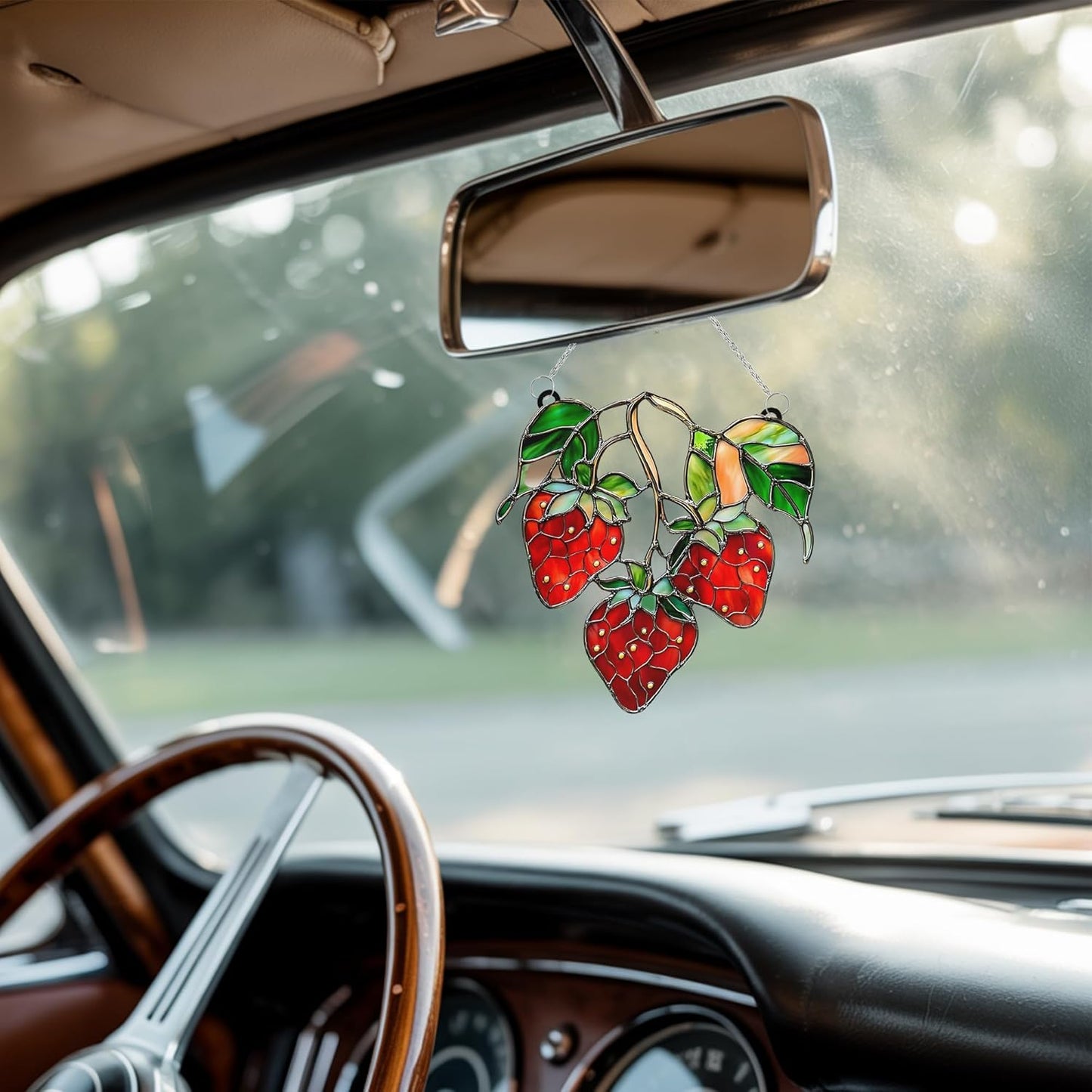 Strawberries Branch Acrylic Suncatcher Stained Glass Effect Window Car Hanging Christmas Ornament Indoor Outdoor Decor Garden Sun Catcher Panel for Berry Lover for Women Mom Grandma