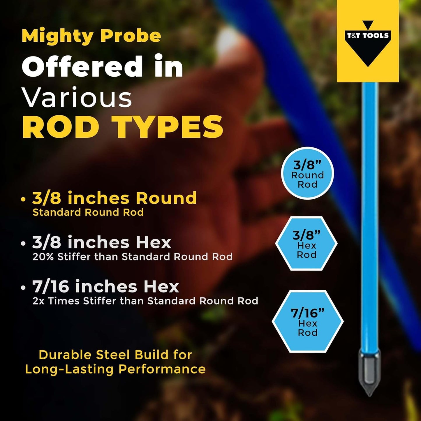 T&T Tools 48-Inch Mighty Probe Insulated Metal Soil Probe – 3/8" Metal Round Rod, Heavy Duty Design for Easy Penetration & Withdrawal, Soil Testing & Landscaping Tools, T-Handle, USA-Made-1 Pack