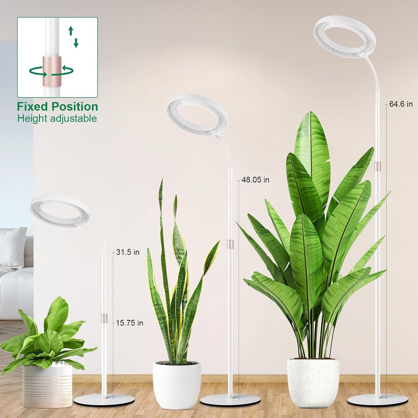 LBW Full Spectrum Grow Light with Stand – Adjustable Height (48.8-64.6"), Auto Cycle Timer (4/8/12H), 4 Brightness Levels, for Large Indoor Plants (White)