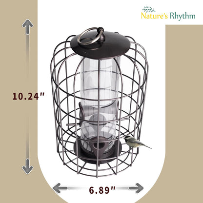Nature's Rhythm Outdoor Hanging Bird Feeder Cage PC Tube Squirrel Proof Wild Bird Feeder with Large Metal Seed Guard Deterrent Green