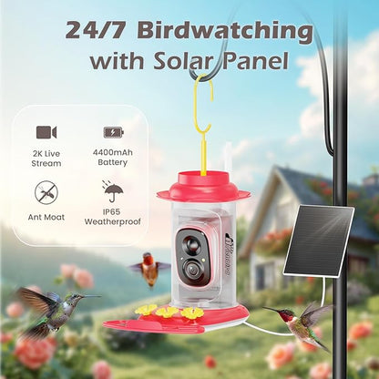 Smart Hummingbird Feeder with Camera Solar Powered, AI Identify, Instant Notification, Leakproof & Ant Moat Bird Feeder with Camera, Hummingbird Feeders for Outdoors, Gift for Bird Lovers (20 oz)